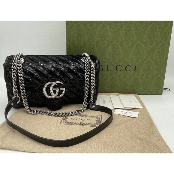 NEW GUCCI MARMONT SEQUIN LEATHER BLACK CROSSBODY SHOULDER BAG PURSE AUTH BOX! - Picture 2 of 16